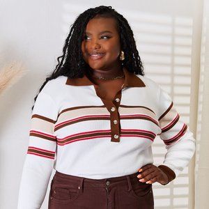 Basic Bae Striped Collared Neck Rib-Knit Top